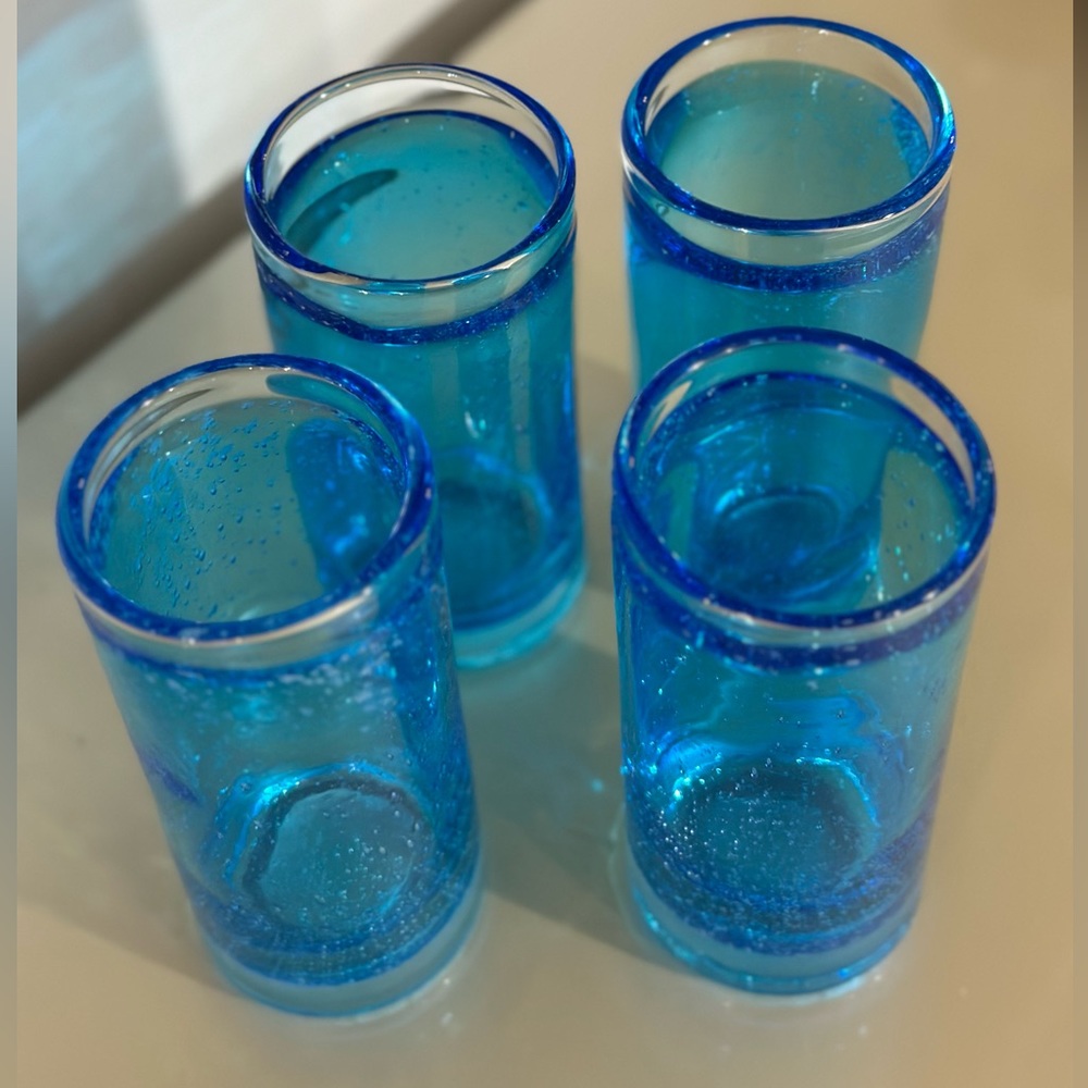 Pottery Barn hand blown aqua tumblers / highball high ball glasses (set of 4)